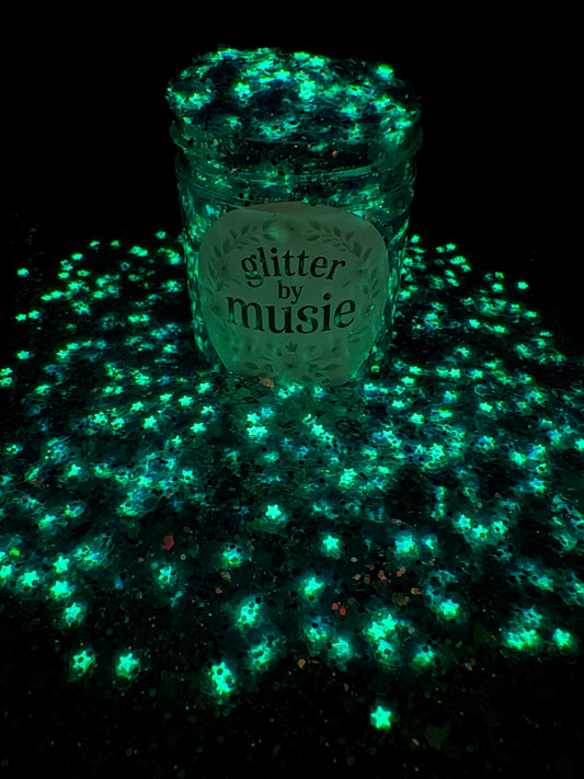 -Celestial Muse- Blue Glow Star, Blue/Opal Iridescent Custom Chunky Mixed Glitter