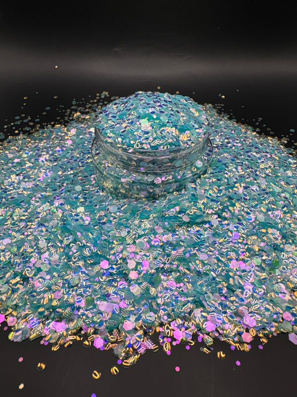 -Mermaid Tail-  Embossed, Bubble, Blue/Pink Colorshift Custom Mix Glitter