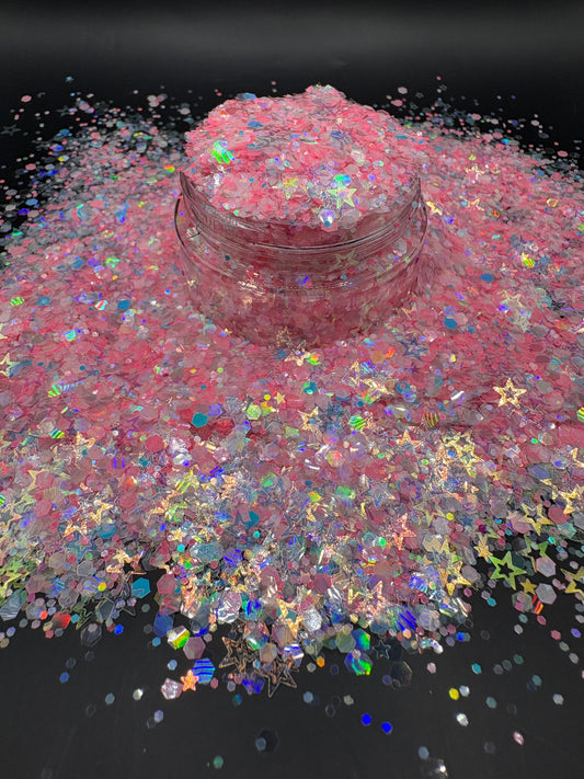 -Sea Of Stars- Pink And Star Shaped Glow Custom Mixed Glitter, Limited