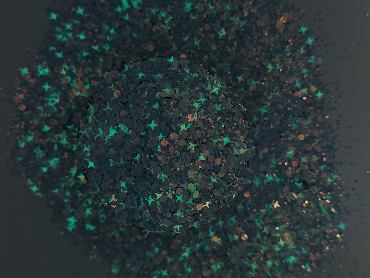 -Signed In Starlight- High Flash Blue and Opal Custom Mix, with Glow Moons and Stars