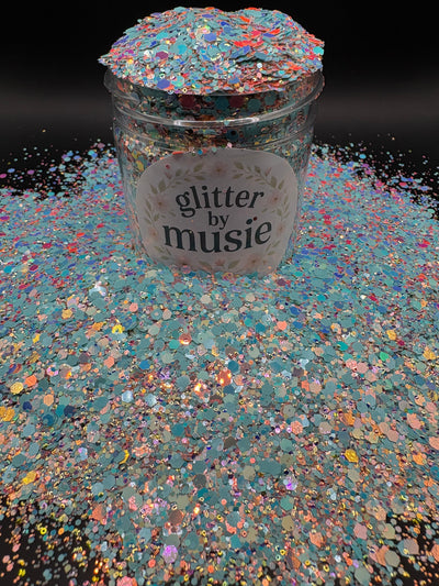 -Boujie Cowgirl- Pale Blue, Gold, and Bubble High Flash Custom Mixed Glitter