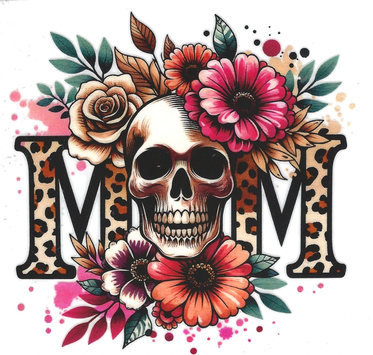 Leopard Mom with Skull and Flowers,