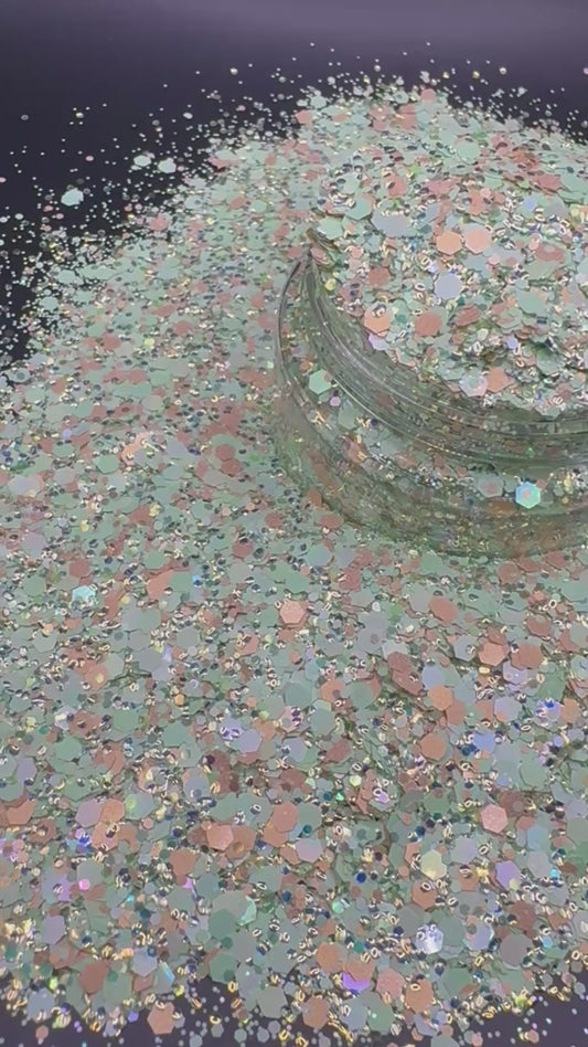 -Gentle Meadow- Macaroon Holographic Green/Gold Mini Bubble Custom Mixed Glitter